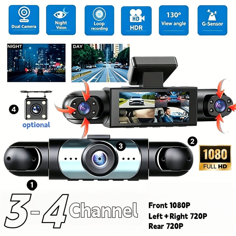 أسود 4 قنوات داش كام 1080P أمامي 720P جانبي خلفي شاشة IPS رؤية ليلية - Image 1