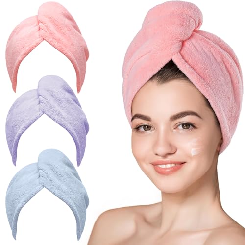 Hicober Microfiber Hair Towel, 3 Packs Hair Turbans for Wet Hair, Drying Hair Wrap Towels for Curly Hair Women Anti Frizz (Pink,Blue,Purple) - Image 1
