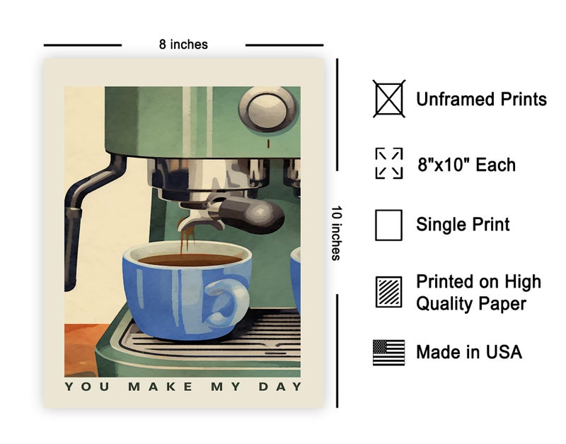 Poster Master You Make My Day - Coffee Machine Print - Caffeine Art - Gift for Men, Women & Coffee Lovers - Decor for Dining Room, Kitchen or Restaurant - 8x10 UNFRAMED Wall Art - Image 2