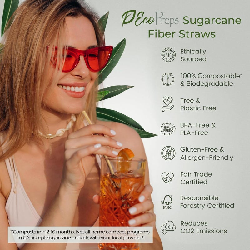 EcoPreps Biodegradable Sugarcane Straws | 150 Count, 100% Compostable, Plastic-Free, & Eco-Friendly Drinking Straw | 7.8'' Sugar Fiber Disposable Straws, Smoothie Straw for Home, Restaurant, Parties - Image 2