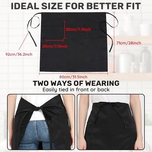 FunChaos 3 Pack Waist Apron with 2 Pockets, Black Waitress Waiter Aprons for Women and Man, Water Resistant Long Server Aprons with Long Straps Bistro Apron for Restaurant Server Work Bar, 27.95''X 31.5'' - Image 3