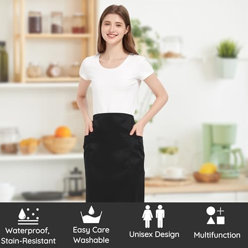 FunChaos 3 Pack Waist Apron with 2 Pockets, Black Waitress Waiter Aprons for Women and Man, Water Resistant Long Server Aprons with Long Straps Bistro Apron for Restaurant Server Work Bar, 27.95''X 31.5'' - Image 2