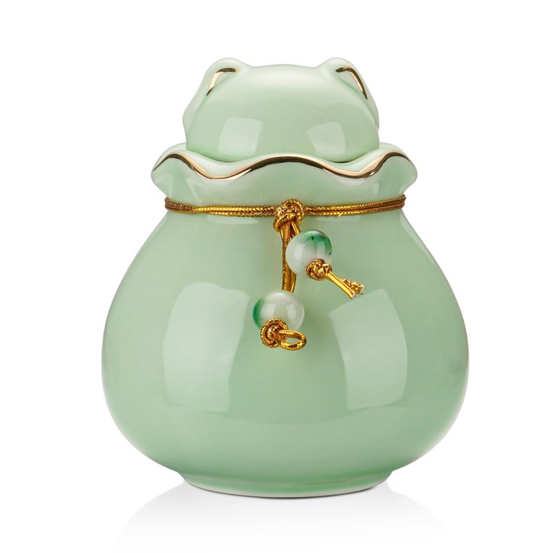 SOITIS Pet Memorial Urn for Cat or Dog Ashes - 3.54"x3.15" Elegant Ceramic Keepsake Holder with Pet-Shaped Lid & Gold Trim, Small Cyan Urn for Pet Ashes - Image 1
