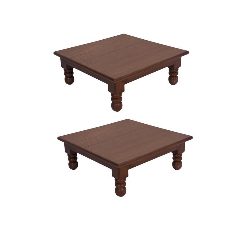 ASHOFY Handmade Teak Wood Square Pooja Chowki Chaurang Bajot Mandir Stool Medium Size 16x16x6 Inch Dark Brown Color Natural Finish Combo Pack of 2 - Image 1