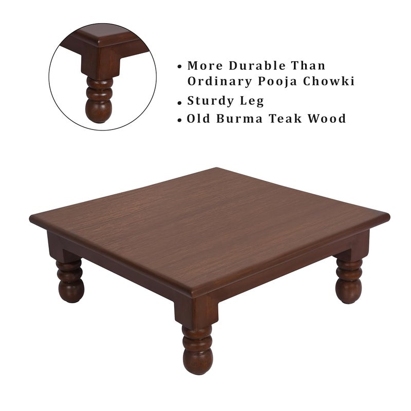 ASHOFY Handmade Teak Wood Square Pooja Chowki Chaurang Bajot Mandir Stool Medium Size 16x16x6 Inch Dark Brown Color Natural Finish Combo Pack of 2 - Image 5