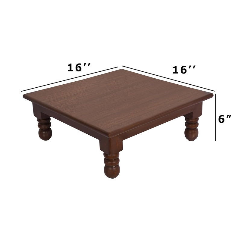 ASHOFY Handmade Teak Wood Square Pooja Chowki Chaurang Bajot Mandir Stool Medium Size 16x16x6 Inch Dark Brown Color Natural Finish Combo Pack of 2 - Image 2