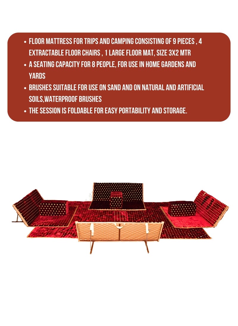 Ground Camping Mattress Set with Four Armrest and Chairs & Camping Mat 2x3 Meter Made of High-Quality Fabric Color Red