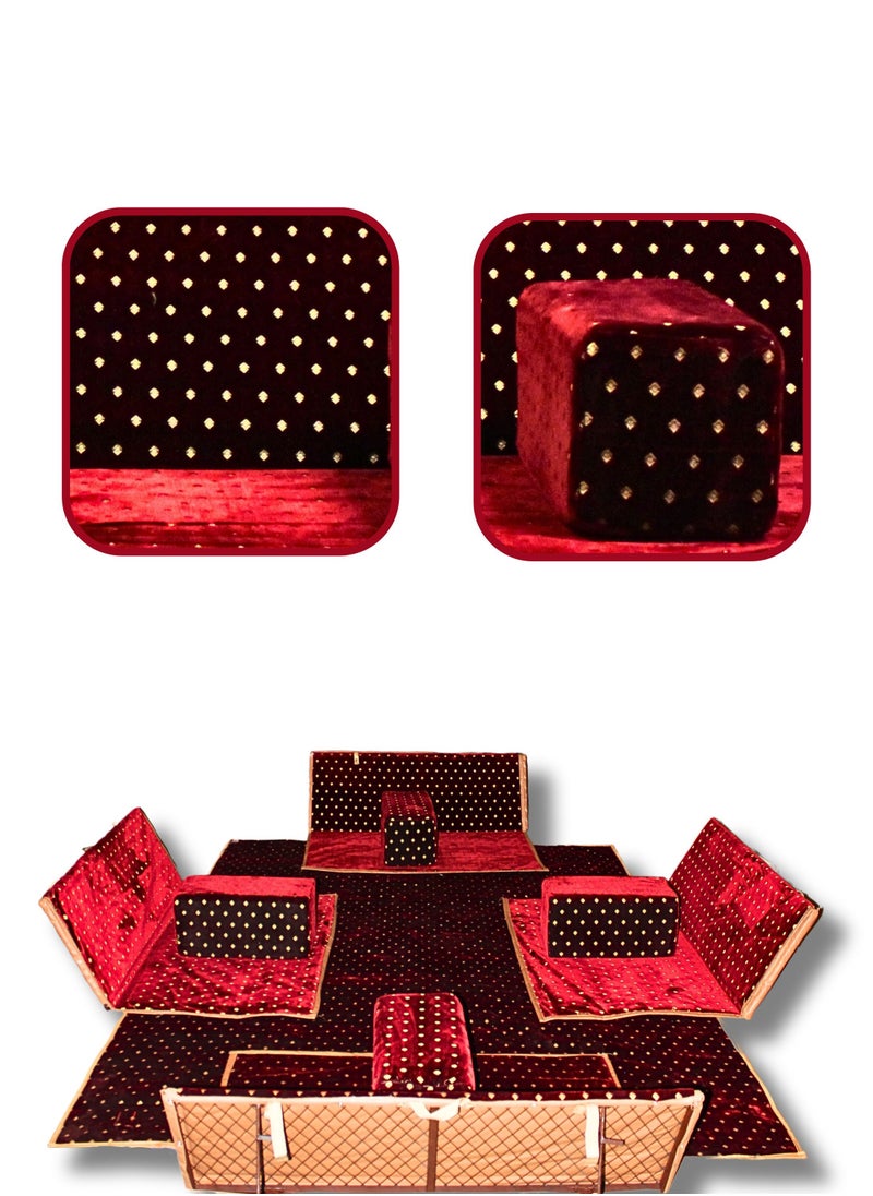 Ground Camping Mattress Set with Four Armrest and Chairs & Camping Mat 2x3 Meter Made of High-Quality Fabric Color Red