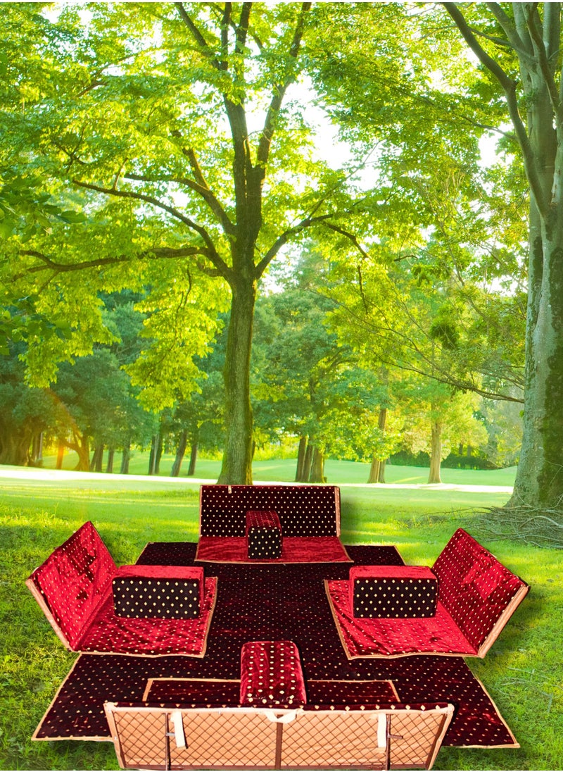 Ground Camping Mattress Set with Four Armrest and Chairs & Camping Mat 2x3 Meter Made of High-Quality Fabric Color Red