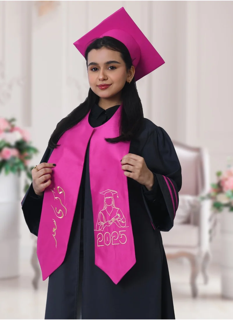 HAWRAA ABAYA Graduation uniform is gray with fuchsia color overlay on the sleeves, with a plain scarf and cap