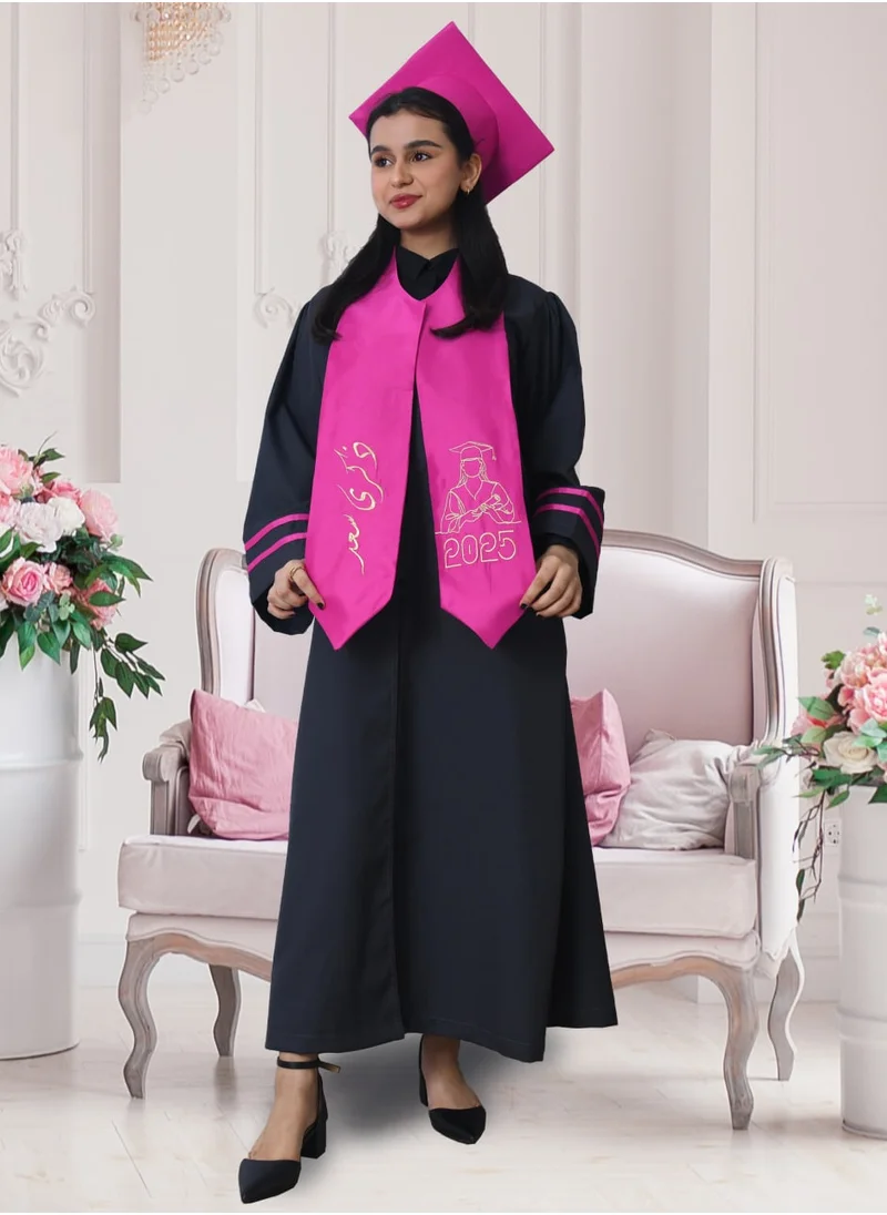 HAWRAA ABAYA Graduation uniform is gray with fuchsia color overlay on the sleeves, with a plain scarf and cap