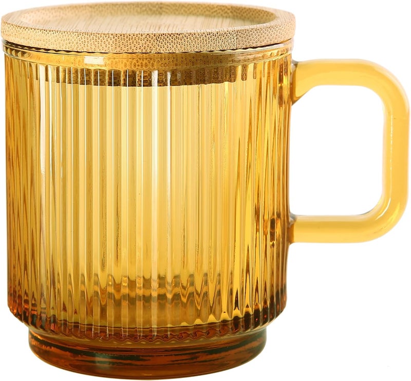 Lysenn Amber Glass Coffee Mug with Lid - Premium Classical Vertical Stripes Glass Tea Cup - for |Latte|Tea|Chocolate|Juice|Water| - Unleaded - Bamboo Lid - 12.5 Ounces - Image 1