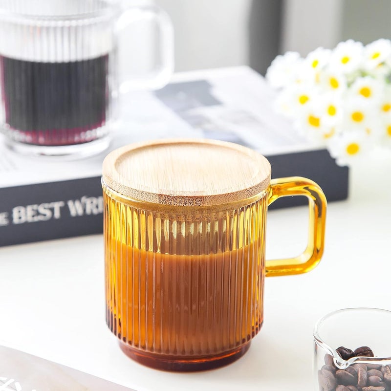 Lysenn Amber Glass Coffee Mug with Lid - Premium Classical Vertical Stripes Glass Tea Cup - for |Latte|Tea|Chocolate|Juice|Water| - Unleaded - Bamboo Lid - 12.5 Ounces - Image 3