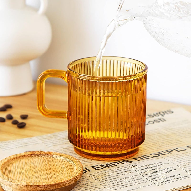 Lysenn Amber Glass Coffee Mug with Lid - Premium Classical Vertical Stripes Glass Tea Cup - for |Latte|Tea|Chocolate|Juice|Water| - Unleaded - Bamboo Lid - 12.5 Ounces - Image 4
