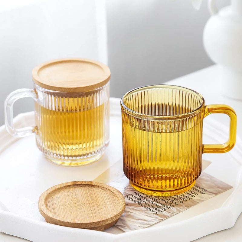 Lysenn Amber Glass Coffee Mug with Lid - Premium Classical Vertical Stripes Glass Tea Cup - for |Latte|Tea|Chocolate|Juice|Water| - Unleaded - Bamboo Lid - 12.5 Ounces - Image 5
