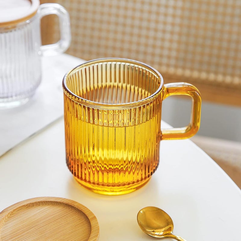 Lysenn Amber Glass Coffee Mug with Lid - Premium Classical Vertical Stripes Glass Tea Cup - for |Latte|Tea|Chocolate|Juice|Water| - Unleaded - Bamboo Lid - 12.5 Ounces - Image 2