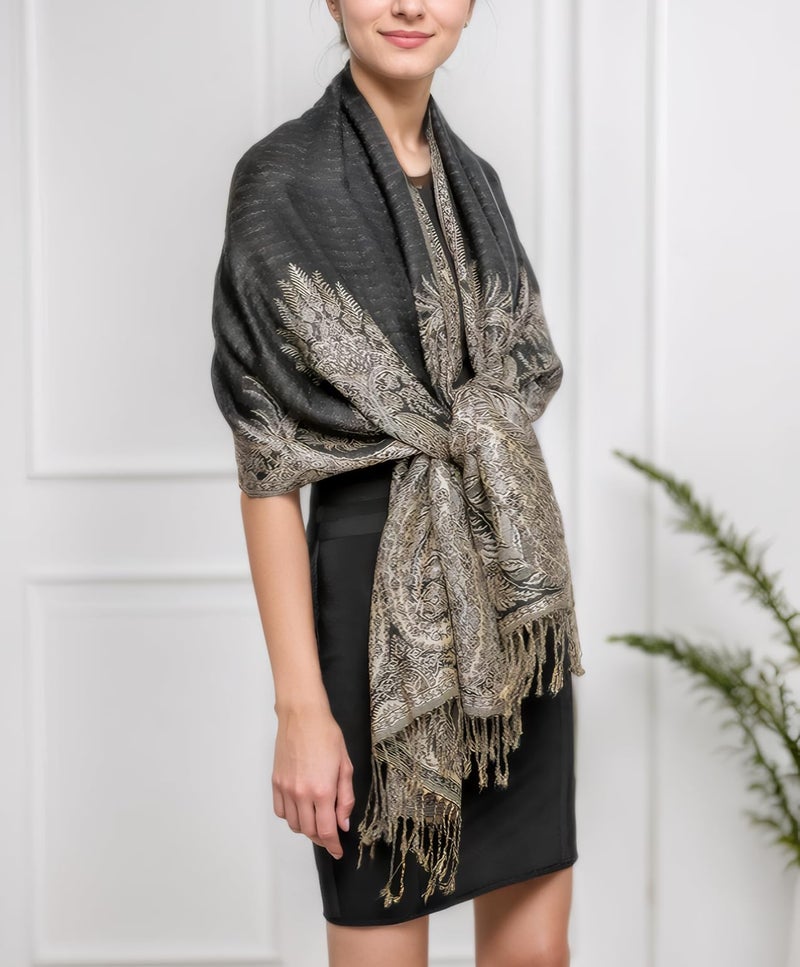 Achillea Luxurious Double Layered Jacquard Big Paisley Pashmina Shawl Wrap Scarf (Black) - Image 5