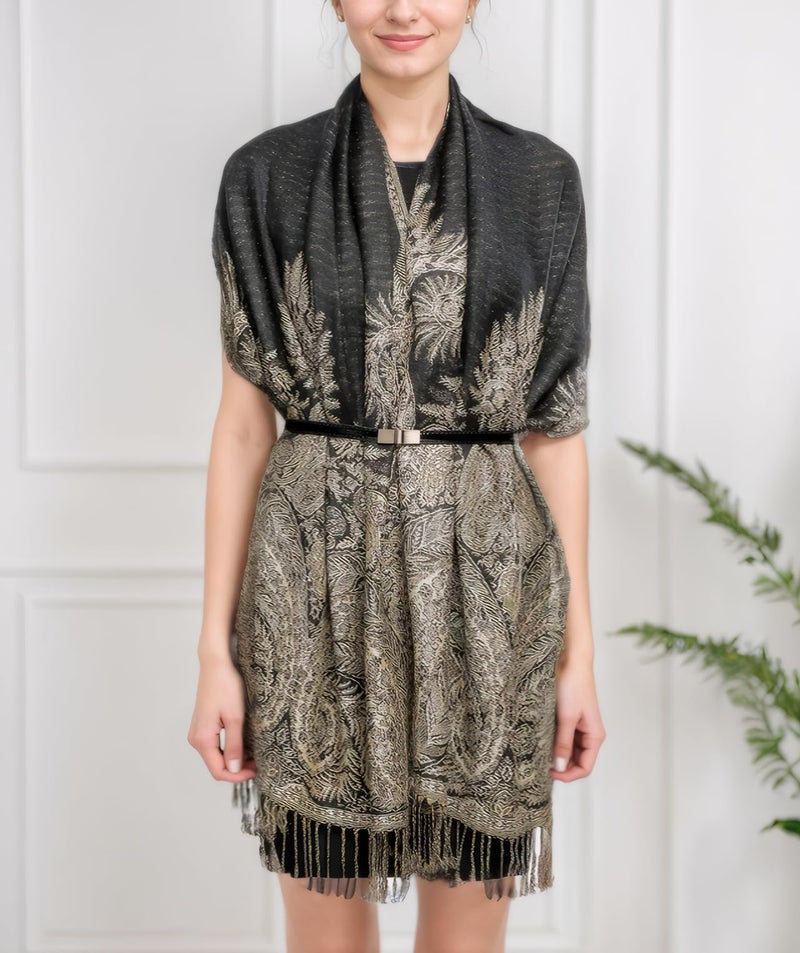 Achillea Luxurious Double Layered Jacquard Big Paisley Pashmina Shawl Wrap Scarf (Black) - Image 4