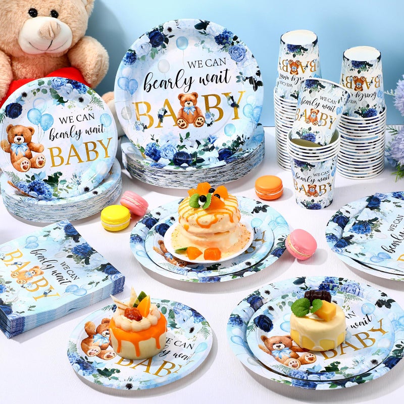 Funnymoom 250 Pcs We Can Bearly Wait Baby Shower Party Decorations Blue Paper Plates Napkins and Cups Bear Boy Party Tableware Set for Spring Baby Shower Gender Reveal Supplies  Serves 50 - Image 4
