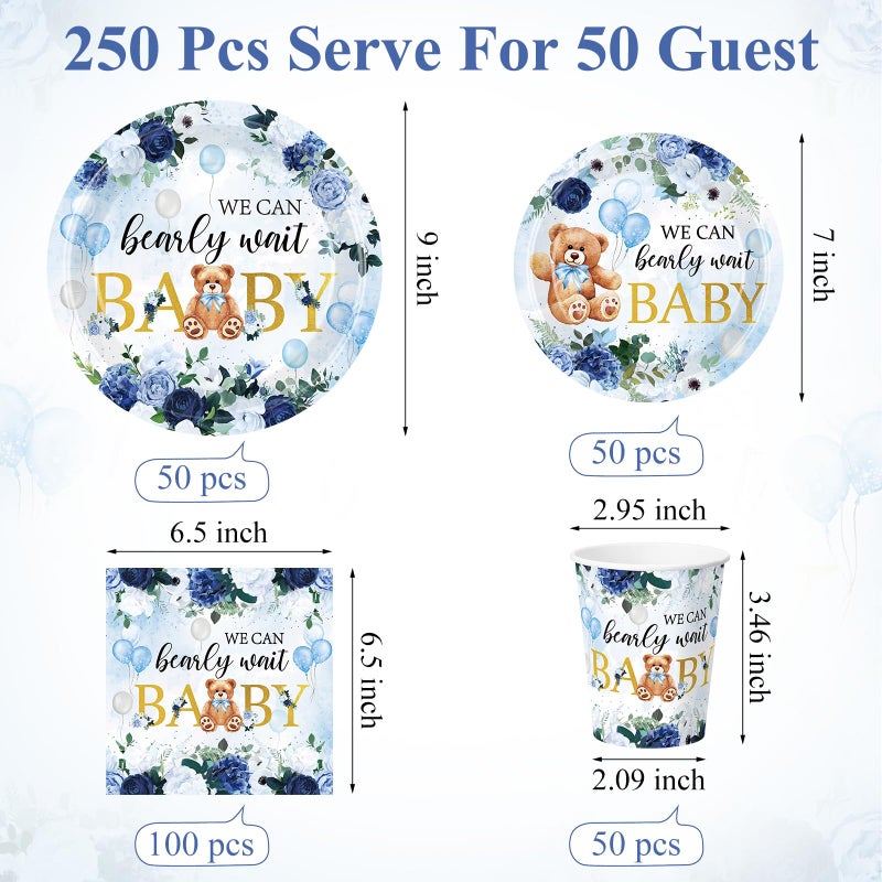 Funnymoom 250 Pcs We Can Bearly Wait Baby Shower Party Decorations Blue Paper Plates Napkins and Cups Bear Boy Party Tableware Set for Spring Baby Shower Gender Reveal Supplies  Serves 50 - Image 2