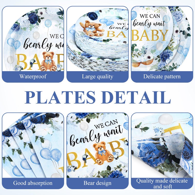 Funnymoom 250 Pcs We Can Bearly Wait Baby Shower Party Decorations Blue Paper Plates Napkins and Cups Bear Boy Party Tableware Set for Spring Baby Shower Gender Reveal Supplies  Serves 50 - Image 1