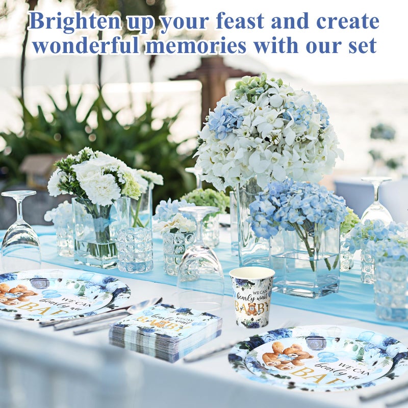 Funnymoom 250 Pcs We Can Bearly Wait Baby Shower Party Decorations Blue Paper Plates Napkins and Cups Bear Boy Party Tableware Set for Spring Baby Shower Gender Reveal Supplies  Serves 50 - Image 3