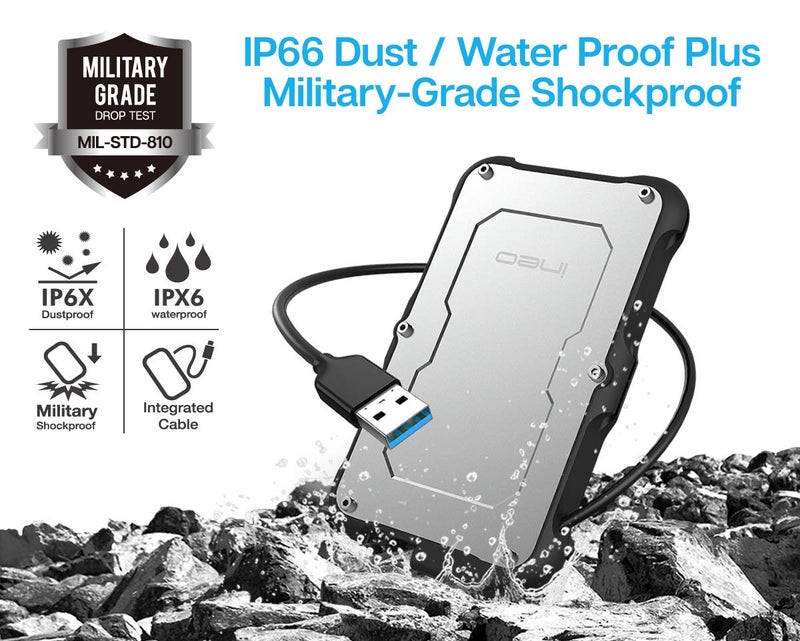 ineo 2.5" USB 3.0 Type-A Rugged Waterproof & Shockproof External Hard Drive Enclosure for 9.5mm & 7mm SATA HDD/SSD [T2580] - Image 2