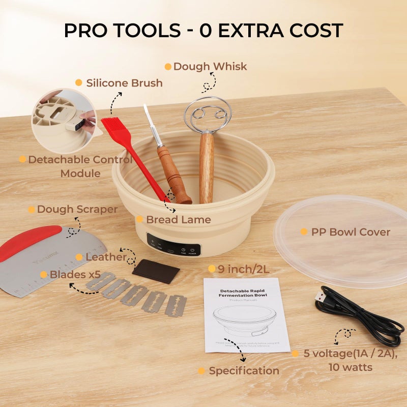 Yacumx Electric Sourdough Starter Kit with 6-Temp (77-122â„‰) Control & Timer - 9" Foldable Sourdough Bread Baking Supplies & Dough Warmer - Complete Banneton Bread Proofing Basket Set for Artisan Home Bakers - Image 5