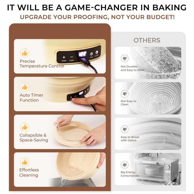 Yacumx Electric Sourdough Starter Kit with 6-Temp (77-122â„‰) Control & Timer - 9" Foldable Sourdough Bread Baking Supplies & Dough Warmer - Complete Banneton Bread Proofing Basket Set for Artisan Home Bakers - Image 4
