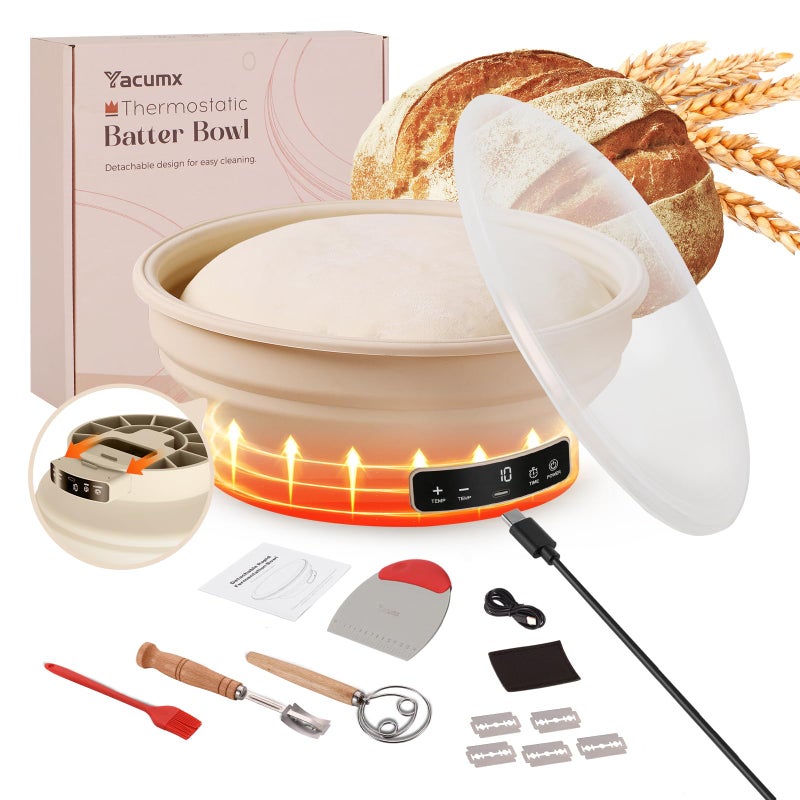 Yacumx Electric Sourdough Starter Kit with 6-Temp (77-122â„‰) Control & Timer - 9" Foldable Sourdough Bread Baking Supplies & Dough Warmer - Complete Banneton Bread Proofing Basket Set for Artisan Home Bakers - Image 1