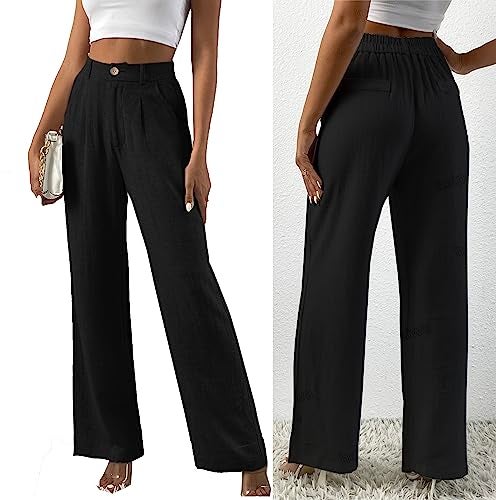 heipeiwa Women's Linen Casual High Waist Wide Leg Straight Dress Cotton Linen Pants Button Trousers - Image 3