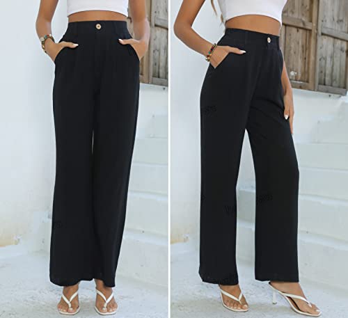 heipeiwa Women's Linen Casual High Waist Wide Leg Straight Dress Cotton Linen Pants Button Trousers - Image 2