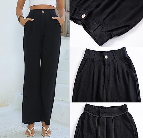 heipeiwa Women's Linen Casual High Waist Wide Leg Straight Dress Cotton Linen Pants Button Trousers - Image 4