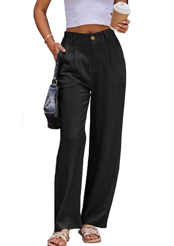heipeiwa Women's Linen Casual High Waist Wide Leg Straight Dress Cotton Linen Pants Button Trousers - Image 1