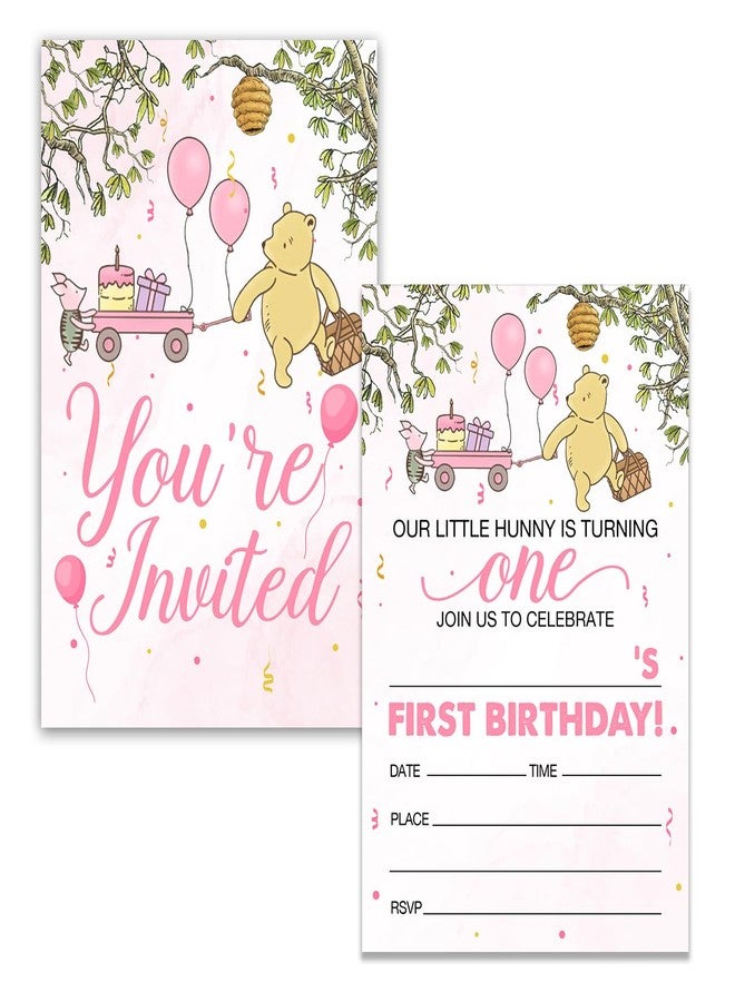 Dolimifa Winnie the Pooh 1st Birthday Invitations Fill in Style Winnie the Pooh Bear Pink Balloon Winnie Our Little Hunny First Birthday Invites, 20 Count With Envelopes - Image 3