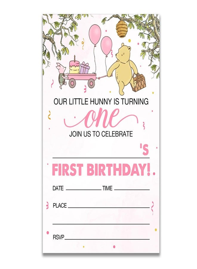 Dolimifa Winnie the Pooh 1st Birthday Invitations Fill in Style Winnie the Pooh Bear Pink Balloon Winnie Our Little Hunny First Birthday Invites, 20 Count With Envelopes - Image 2