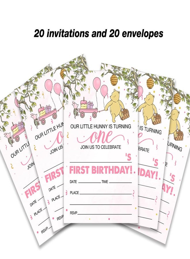 Dolimifa Winnie the Pooh 1st Birthday Invitations Fill in Style Winnie the Pooh Bear Pink Balloon Winnie Our Little Hunny First Birthday Invites, 20 Count With Envelopes - Image 4