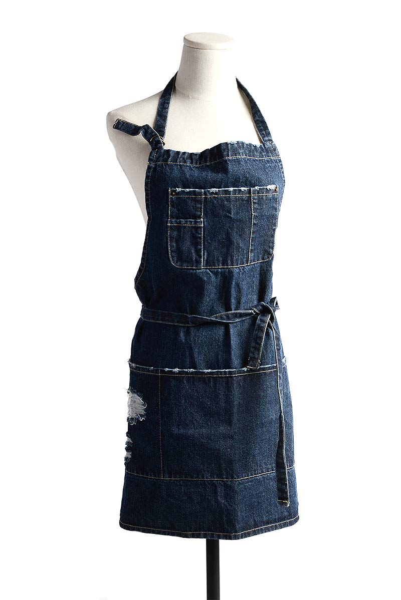 Tobyan Cotton Denim Apron Soft - Unisex Adjustable Bib Apron with 5-Pockets Perfect for Kitchens, Dark Blue, XXL - Image 1