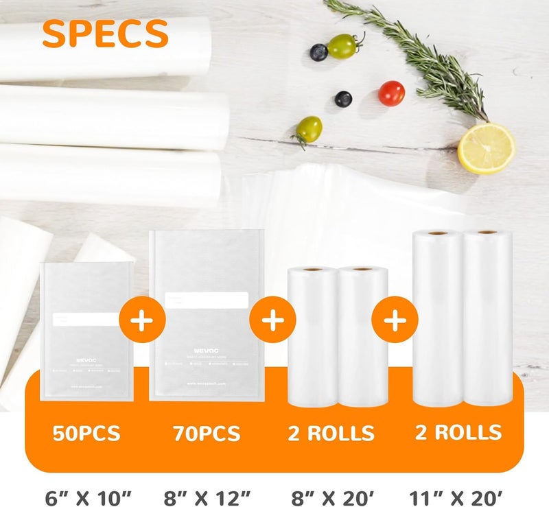 Wevac All-in-One Variety Pack Vacuum Sealer Bags & Rolls – 50x 6''x10'', 70x 8''x12'', 2 Rolls 11''x20', 2 Rolls 8''x20' – Premium Commercial-Grade for Food Storage, Meal Prep, & Sous Vide, - Image 2