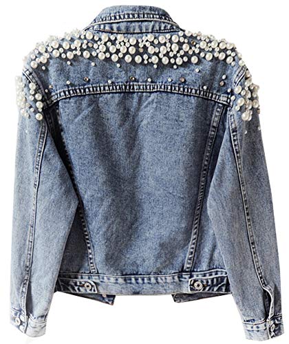Kedera Women's Jean Jacket Embroidered Rivet Pearl Short Denim Jacket Coat - Image 2