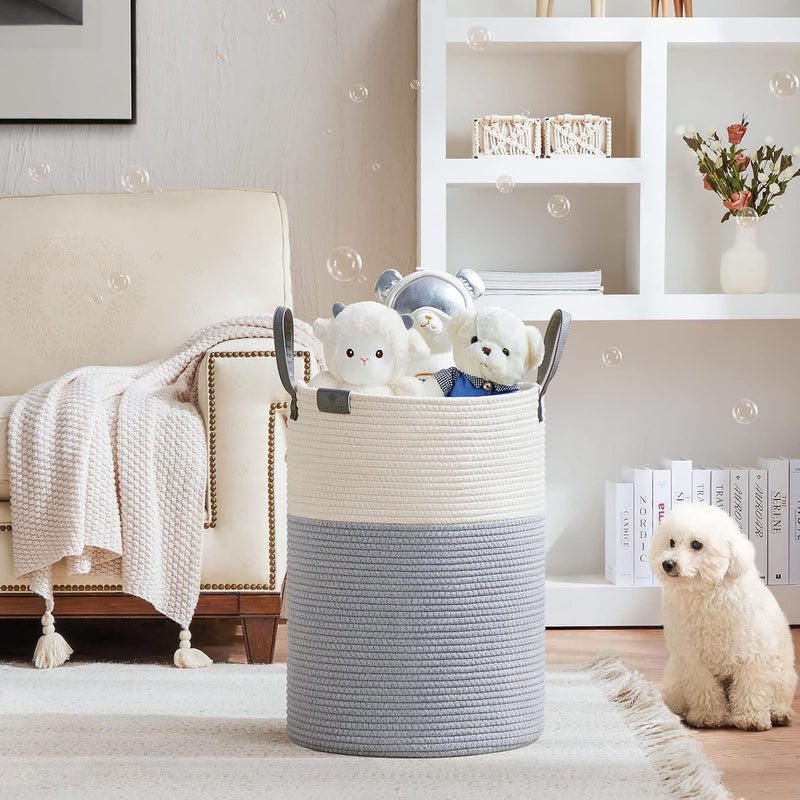VIPOSCO Tall Laundry Basket, Large Dirty Clothes Hamper with Leather Handle, Woven Rope Storage Basket for Blanket, Toy In Living Room, Bathroom, Bedroom - 72L Grey & White - Image 2