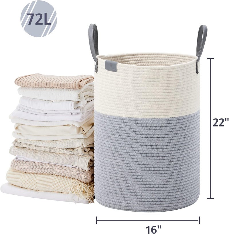 VIPOSCO Tall Laundry Basket, Large Dirty Clothes Hamper with Leather Handle, Woven Rope Storage Basket for Blanket, Toy In Living Room, Bathroom, Bedroom - 72L Grey & White - Image 5