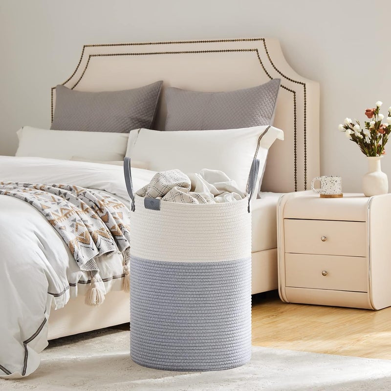 VIPOSCO Tall Laundry Basket, Large Dirty Clothes Hamper with Leather Handle, Woven Rope Storage Basket for Blanket, Toy In Living Room, Bathroom, Bedroom - 72L Grey & White - Image 4