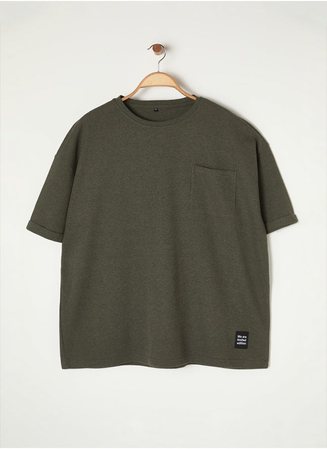 Khaki Oversize/Wide Cut Crew Neck Basic Plus Size T-Shirt