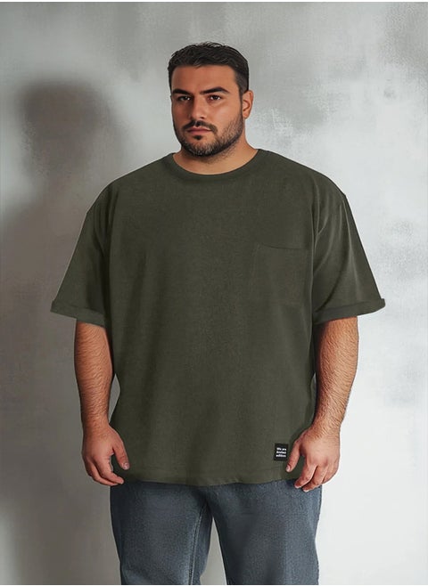 Khaki Oversize/Wide Cut Crew Neck Basic Plus Size T-Shirt