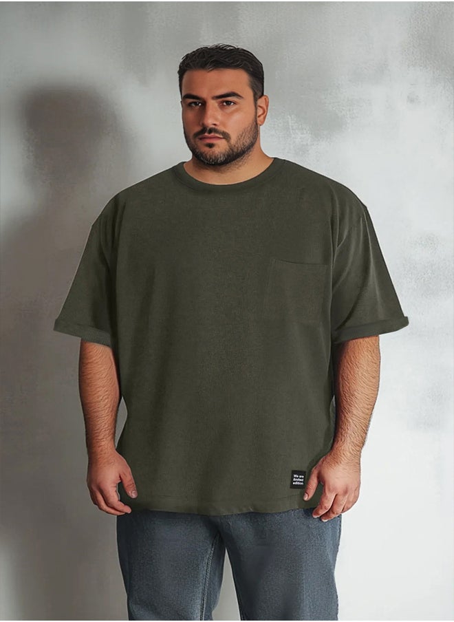 Khaki Oversize/Wide Cut Crew Neck Basic Plus Size T-Shirt