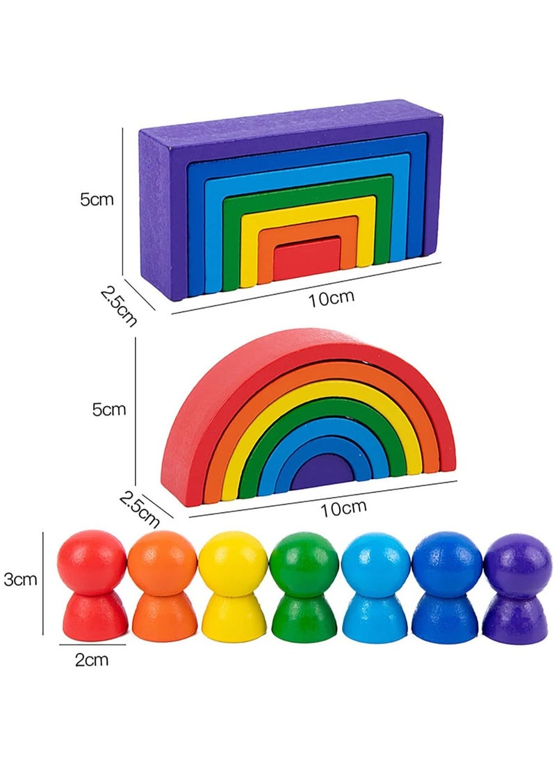 ULHYC - 21 PCs Wooden Rainbow Stacking Toys, Wooden Rainbow Stacker Nesting Puzzle Blocks, Color Sorting Montessori Educational Game for Toddlers, Shape Puzzle Set - Image 1