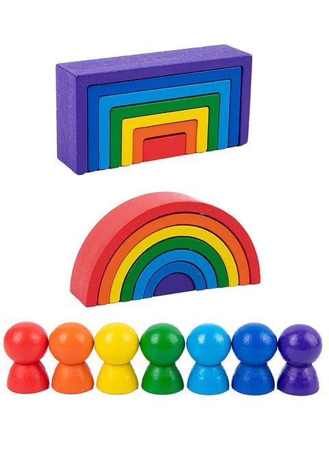 21 PCs Wooden Rainbow Stacking Toys, Wooden Rainbow Stacker Nesting Puzzle Blocks, Color Sorting Montessori Educational Game for Toddlers, Shape Puzzle Set