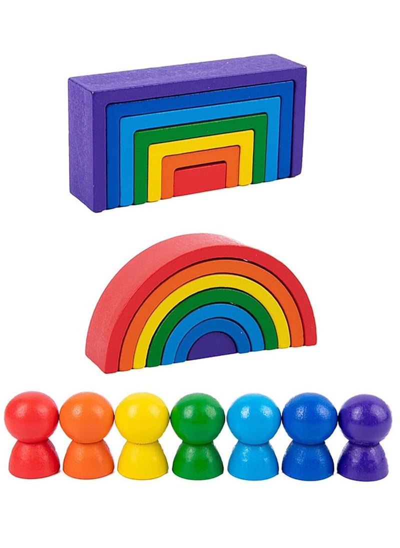 ULHYC - 21 PCs Wooden Rainbow Stacking Toys, Wooden Rainbow Stacker Nesting Puzzle Blocks, Color Sorting Montessori Educational Game for Toddlers, Shape Puzzle Set - Image 1