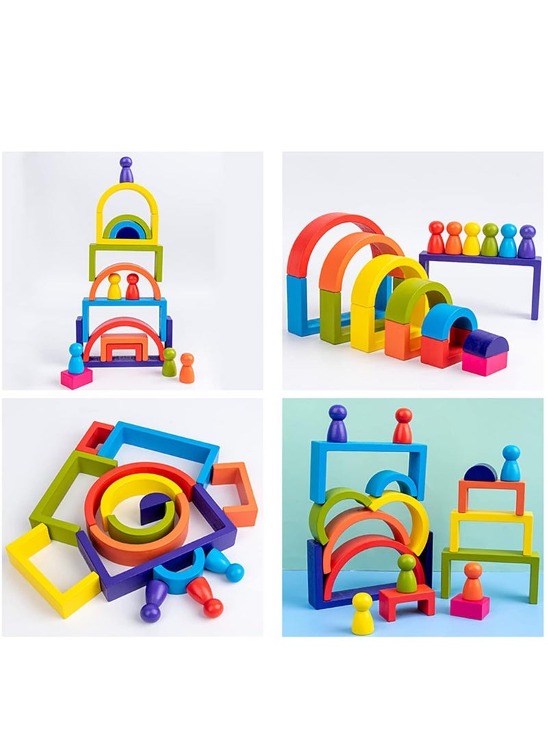 ULHYC - 21 PCs Wooden Rainbow Stacking Toys, Wooden Rainbow Stacker Nesting Puzzle Blocks, Color Sorting Montessori Educational Game for Toddlers, Shape Puzzle Set - Image 1